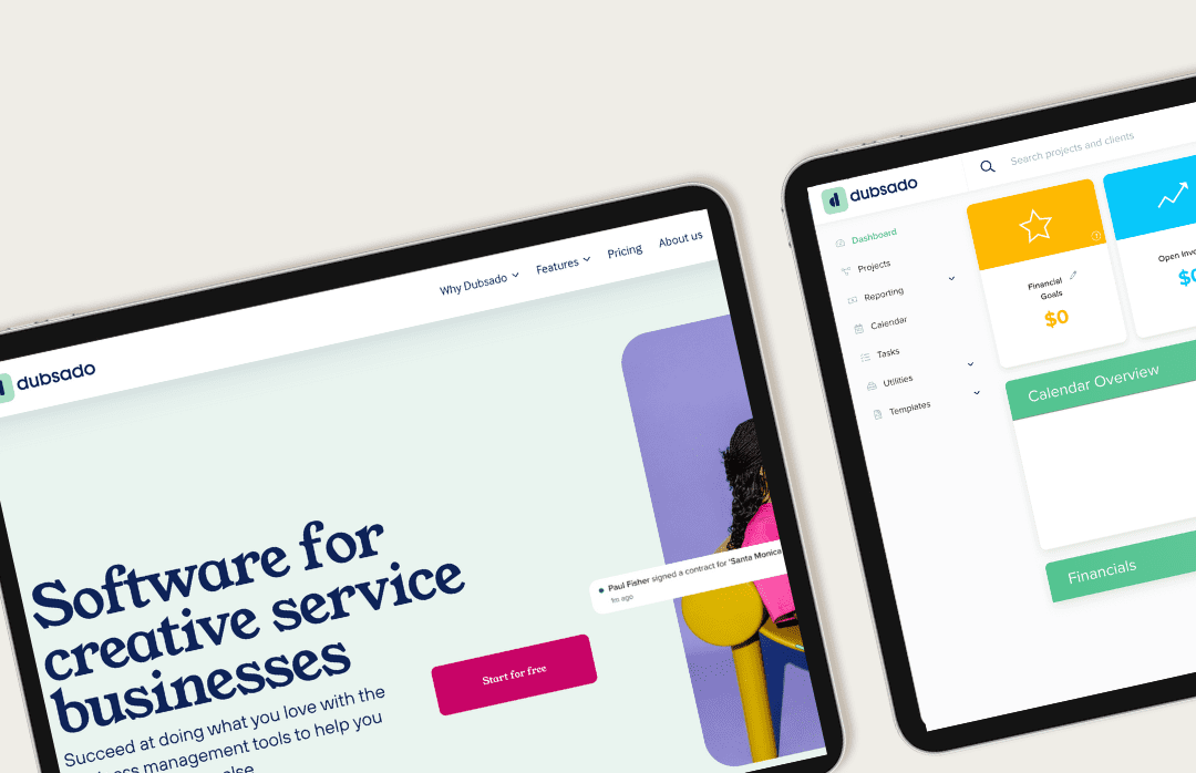 Done-For-You Dubsado Setup by Grace & Company Designs — Two digital tablets showcasing the Dubsado homepage and dashboard, emphasizing Dubsado CRM software for creative service businesses with workflow automation, client onboarding, and business systems integration.